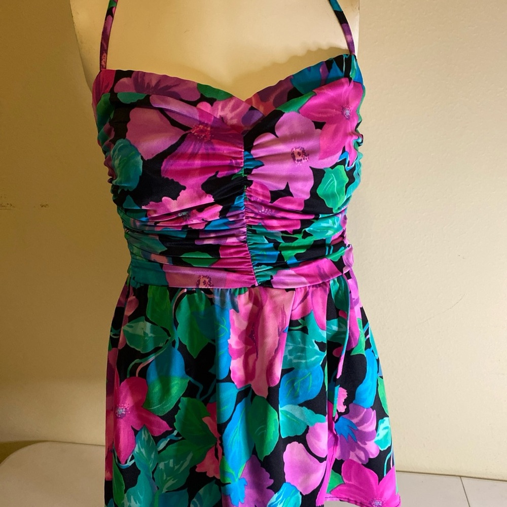 Vintage 1990s Slimsuit Womens One Piece Swimsuit Floral Pink Blue (F8)